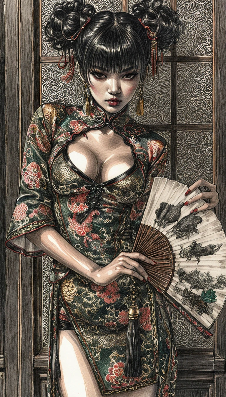 Donna dai capelli scuri in qipao smeraldo con ventaglio