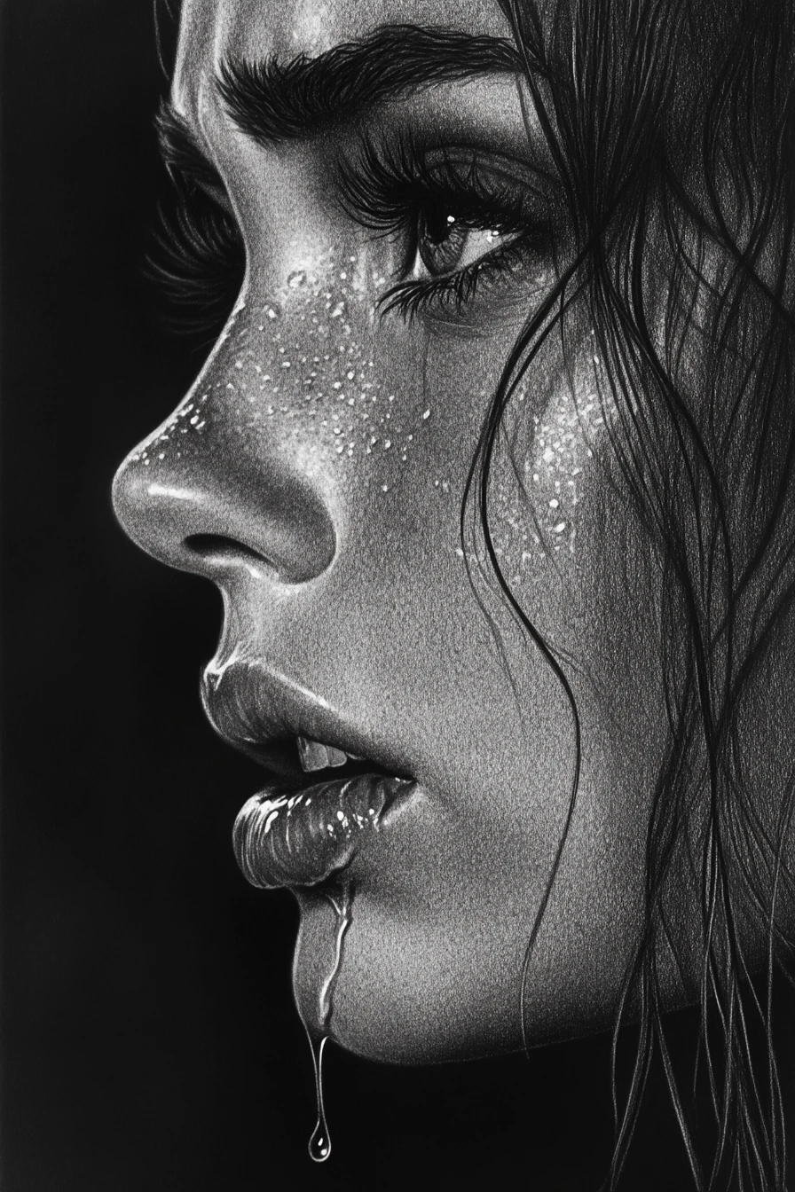 Crying woman in charcoal pencil close up profile portrait