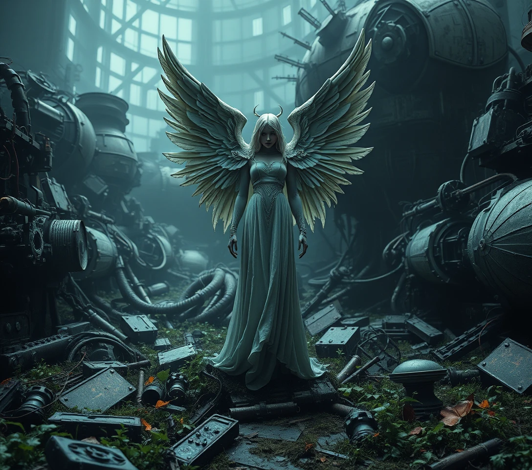 Lone angelic woman amid collapsing futuristic machines