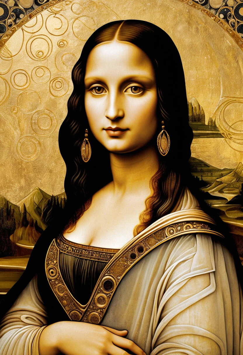 Reinterpretazione della Monna Lisa con ricco sfondo dorato Art Nouveau