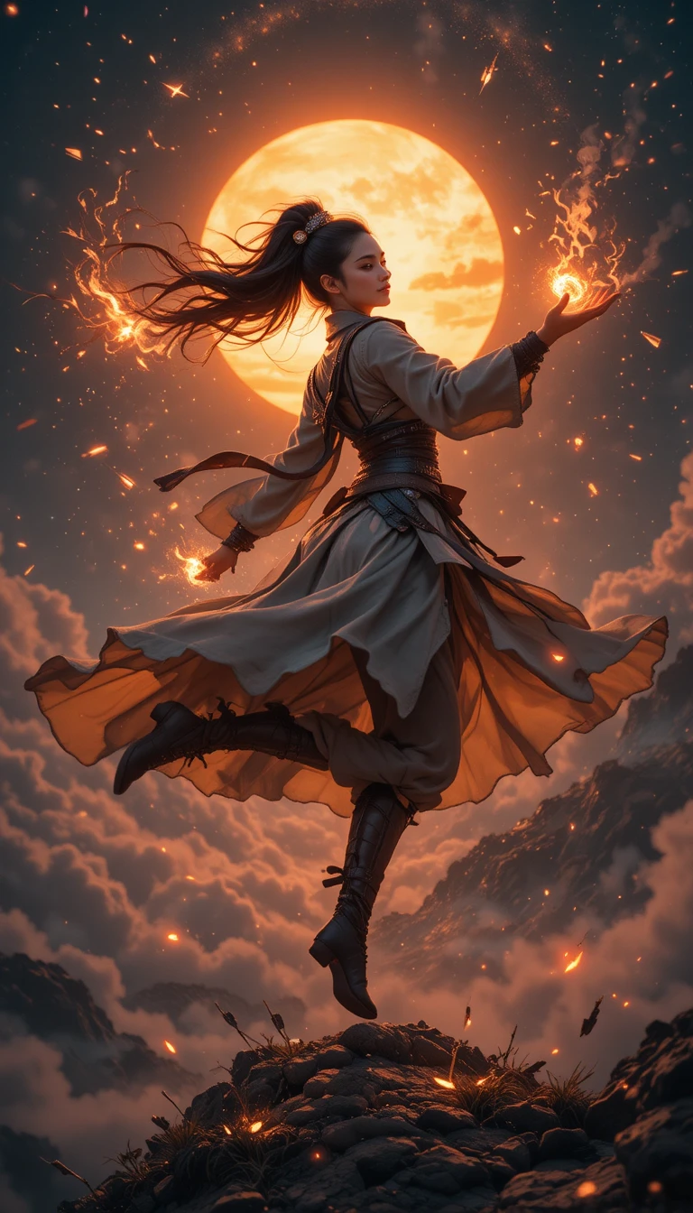 Mujer inspirada en samuráis saltando a través de un espacio de fantasía luminoso