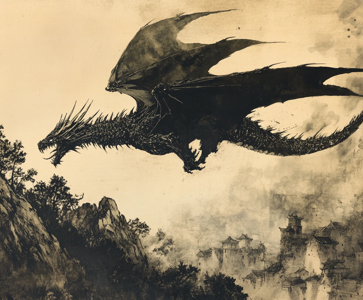 Dragão sobrevoando uma distante aldeia medieval em tons de tinta