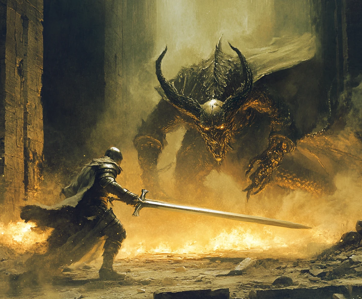 Mittelalterlicher Ritter steht bei Dämmerung einem gewaltigen Drachen gegenüber