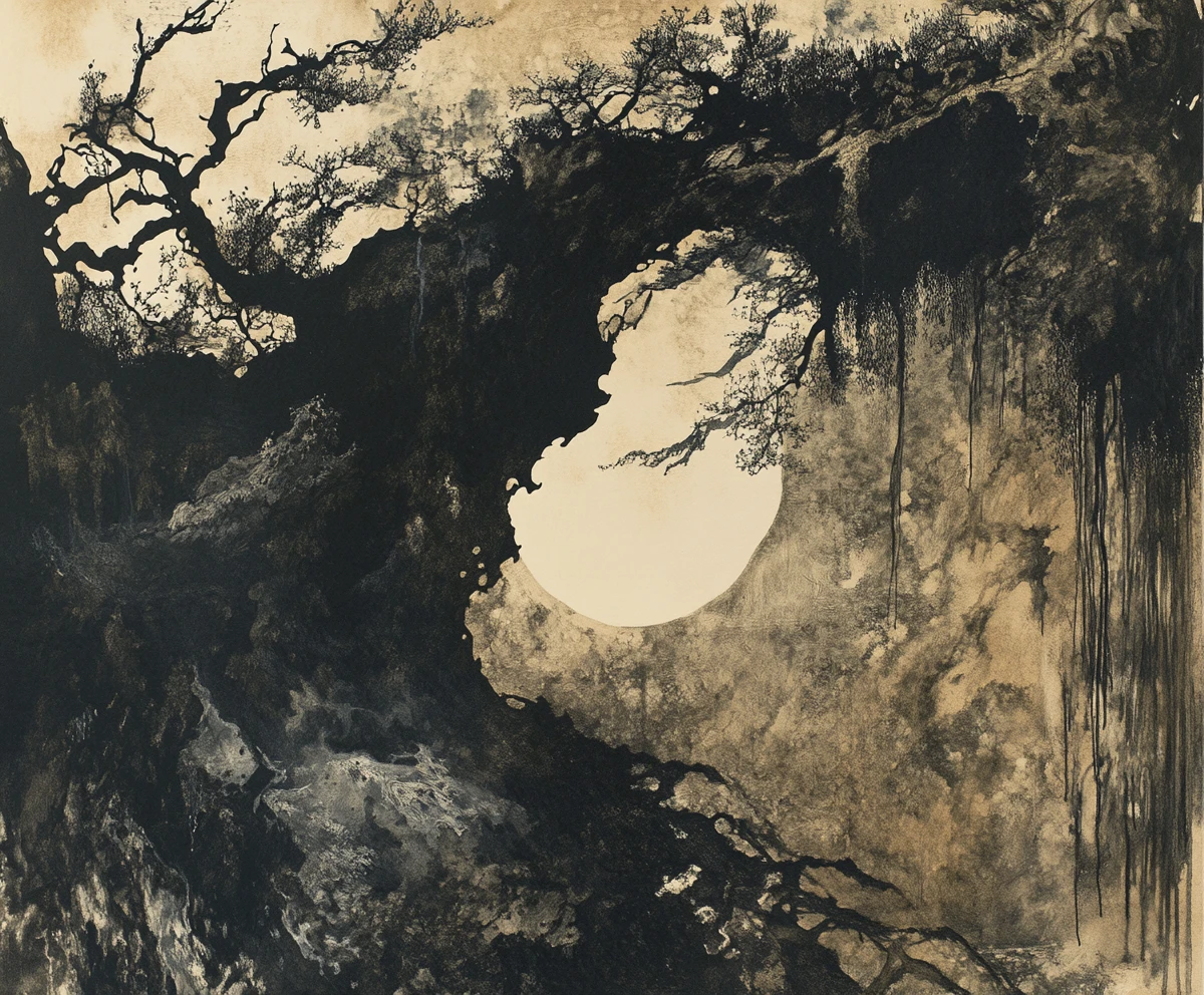Sepia-Tintenmalerei mit weicher, atmosphärischer Kalligraphiepinselarbeit