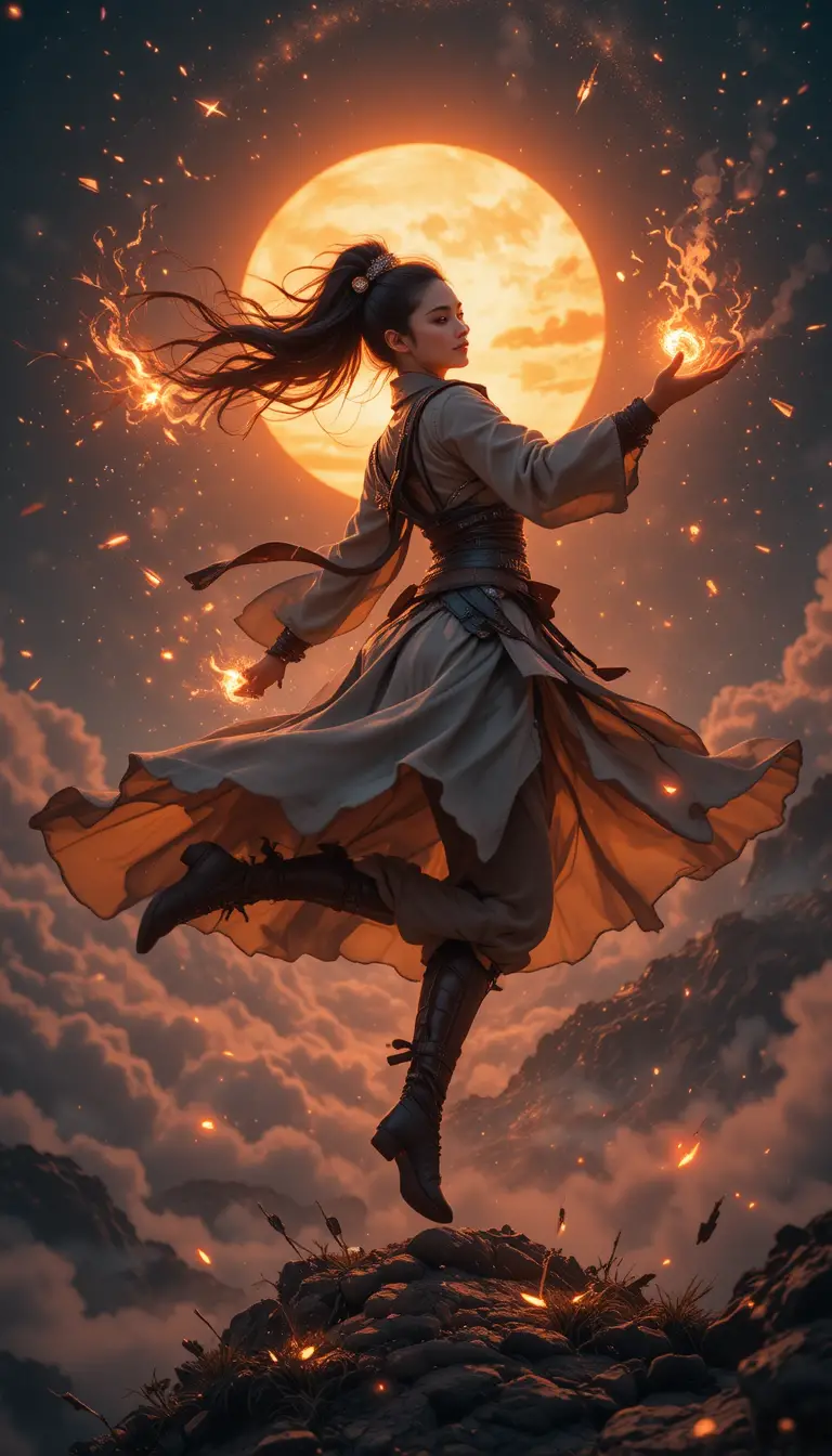 Femme inspirée des samouraïs bondissant dans un espace de fantasy lumineux