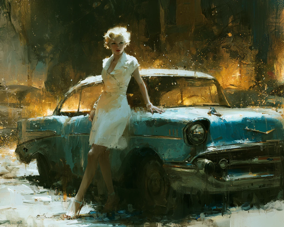 Femme blonde en robe blanche à côté d’une Chevy classique de 1957