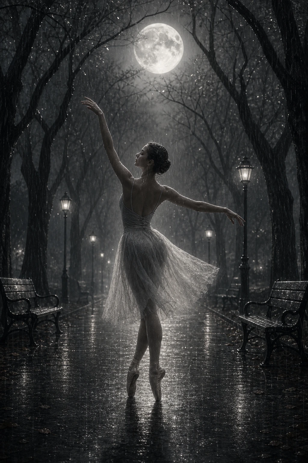 Ballerina tanzt im Regen unter einem leuchtenden Vollmond