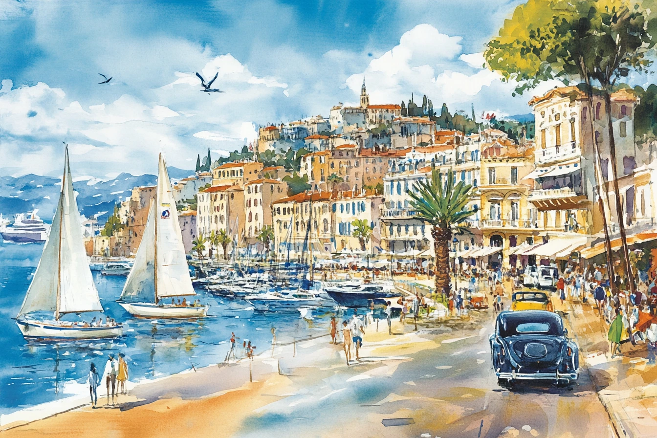 Vista em aquarela da rua do porto de Cannes com carros e barcos