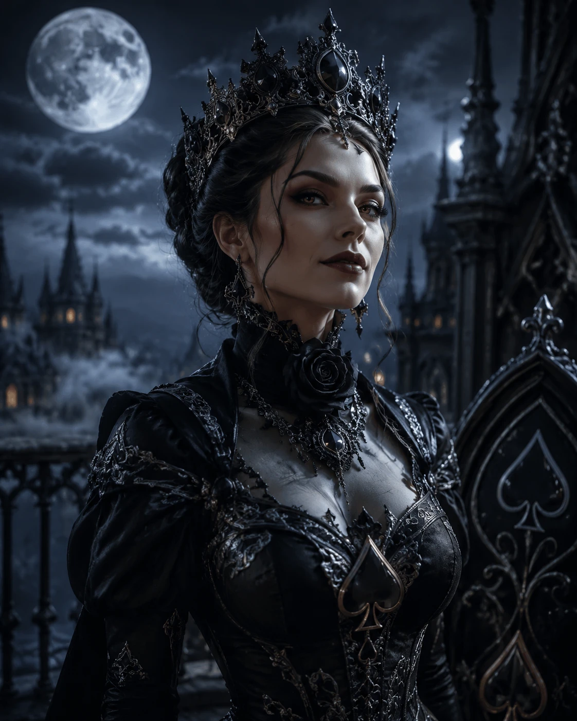 Reine gothique de pique sur un balcon de palais au clair de lune