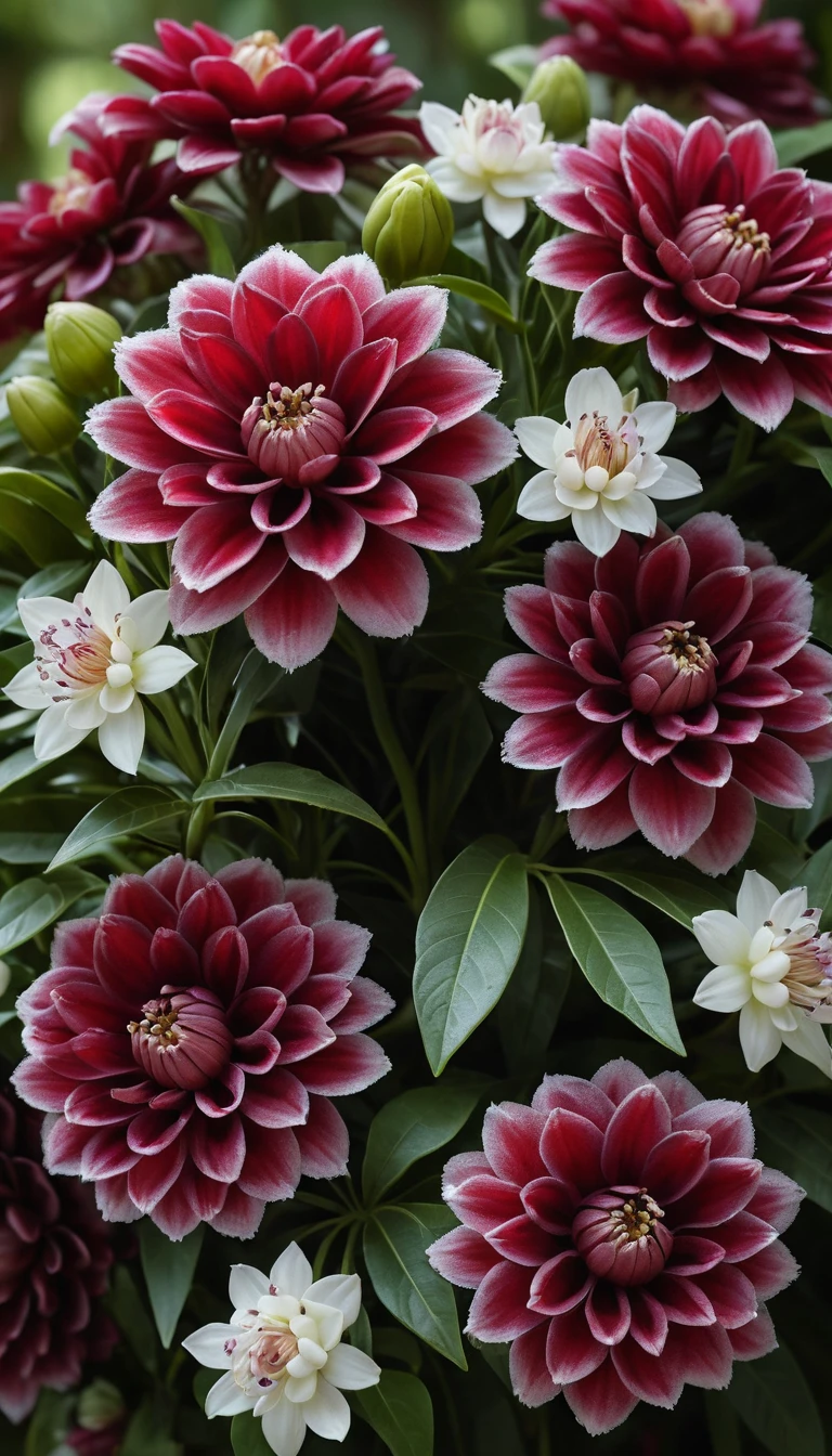 Gros plan macro de fleurs tropicales complexes dans le feuillage