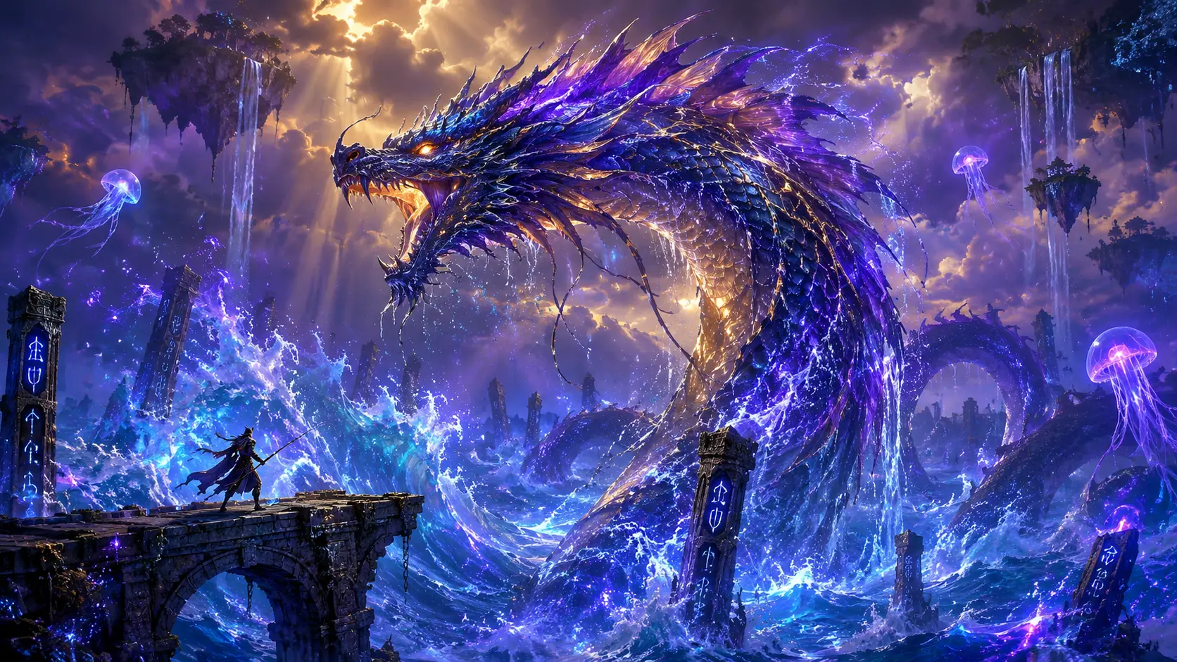 Drago marino che emerge da onde luminose al crepuscolo