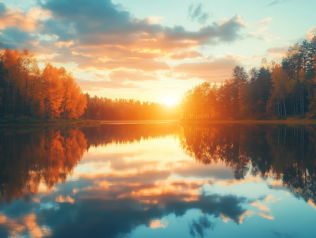 Paisaje tranquilo de lago otoñal al atardecer con reflejos