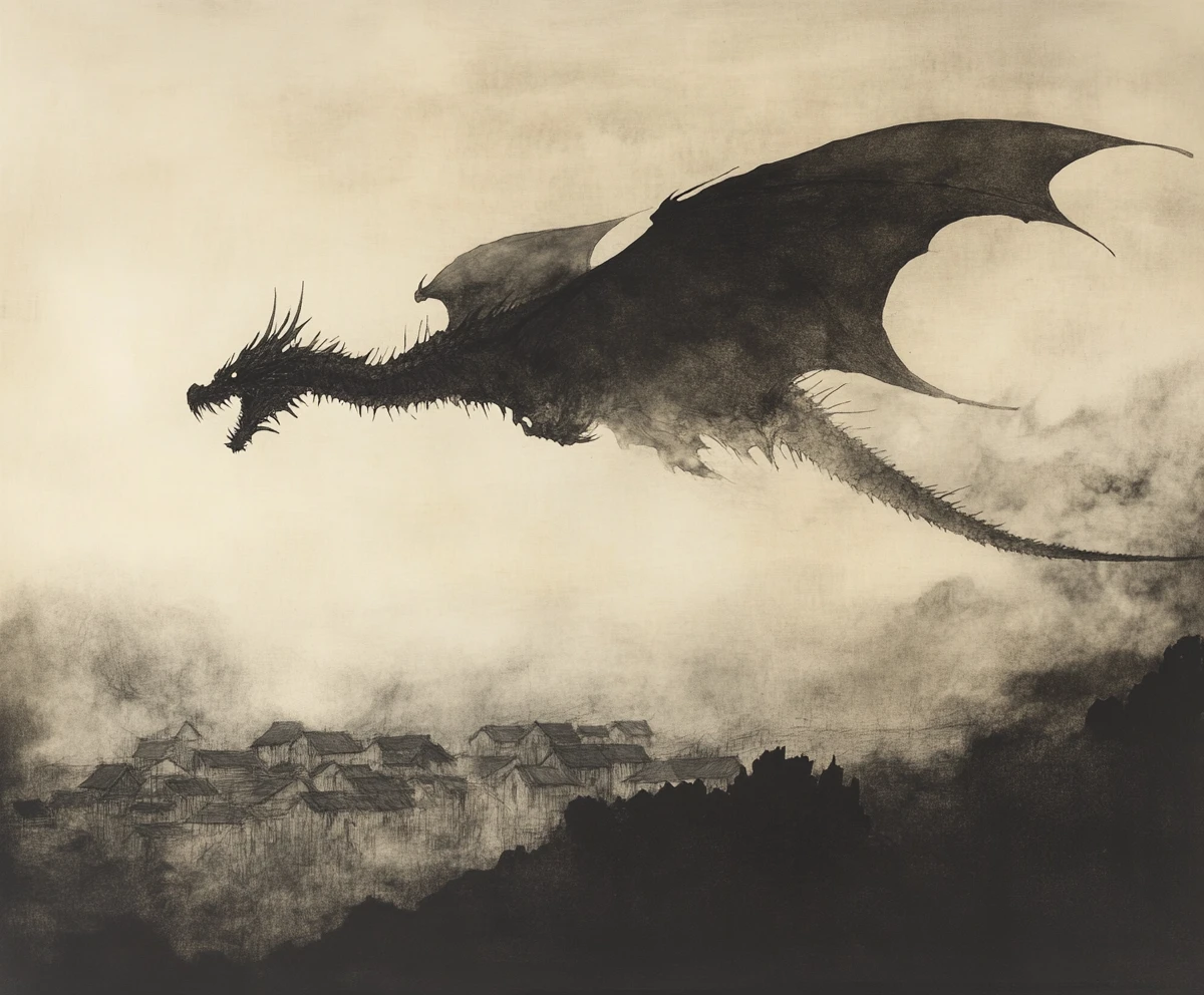 Dragon planant au-dessus d’un paisible village médiéval en tons d’encre