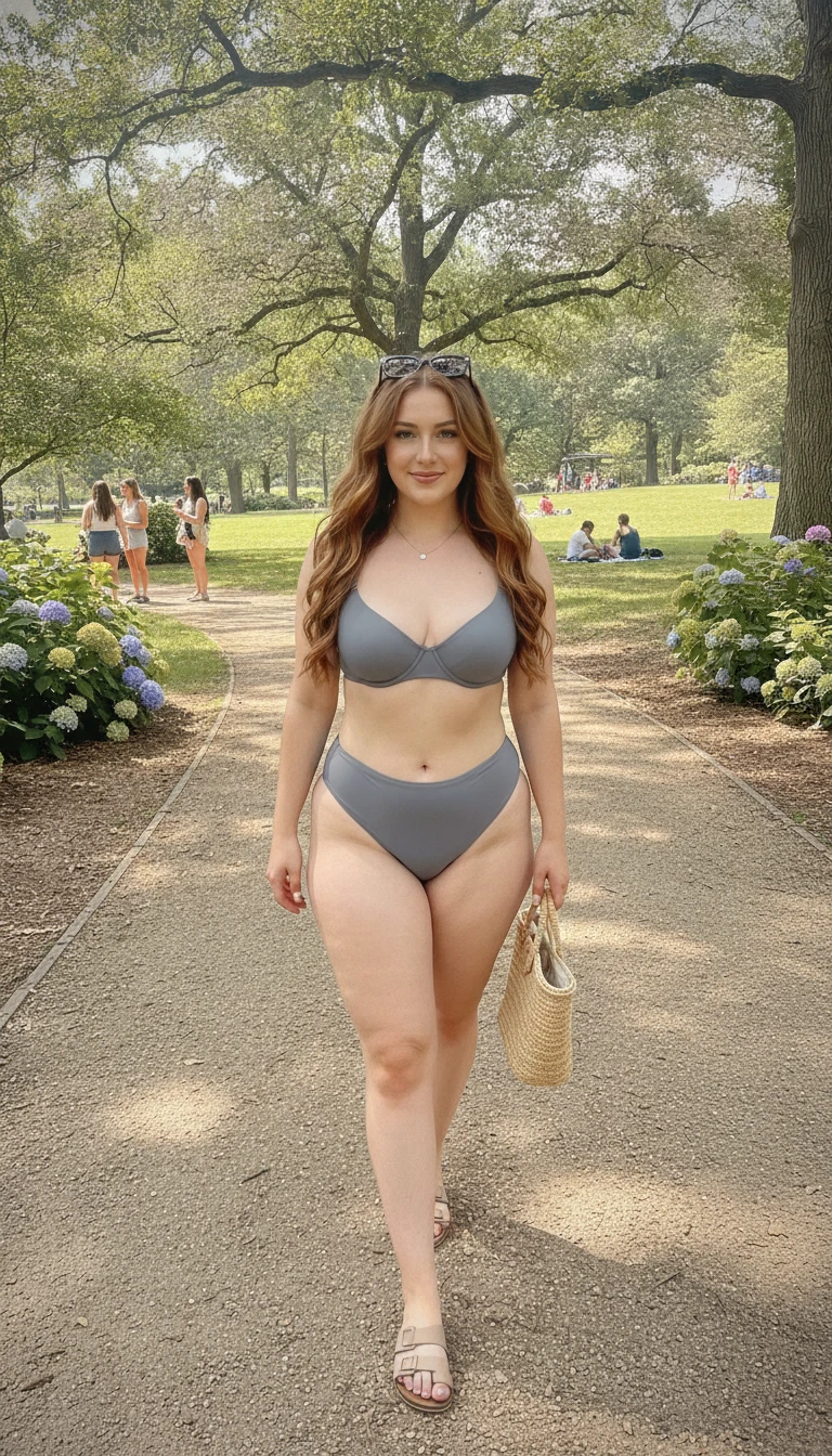 Giovane donna formosa in bikini grigio che passeggia nel parco