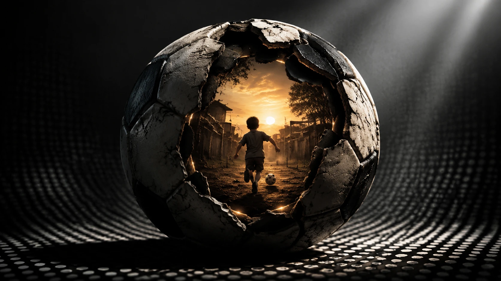 Bola de futebol rachada revelando um interior simbólico surreal