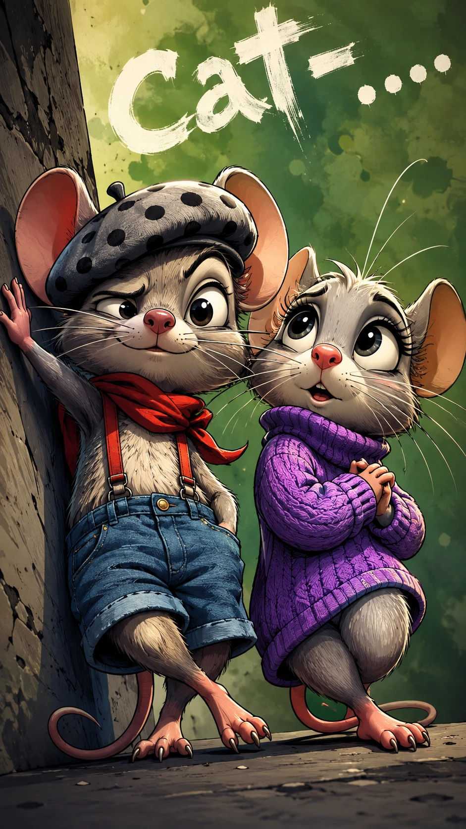 Dois ratos engraçados em desenho animado em close-up de baixo para cima