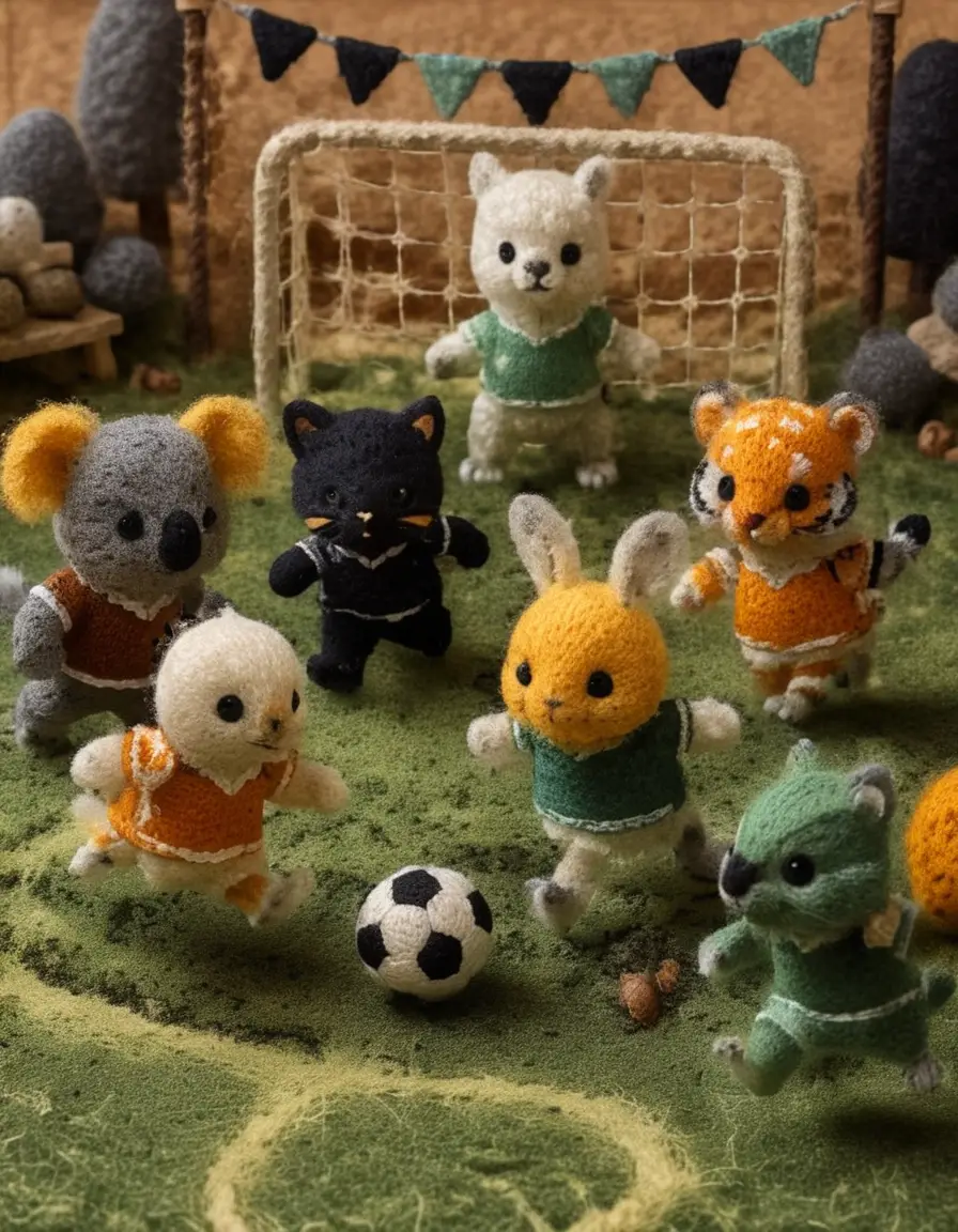 Dolci cuccioli di lana che giocano a calcio su un mini campo