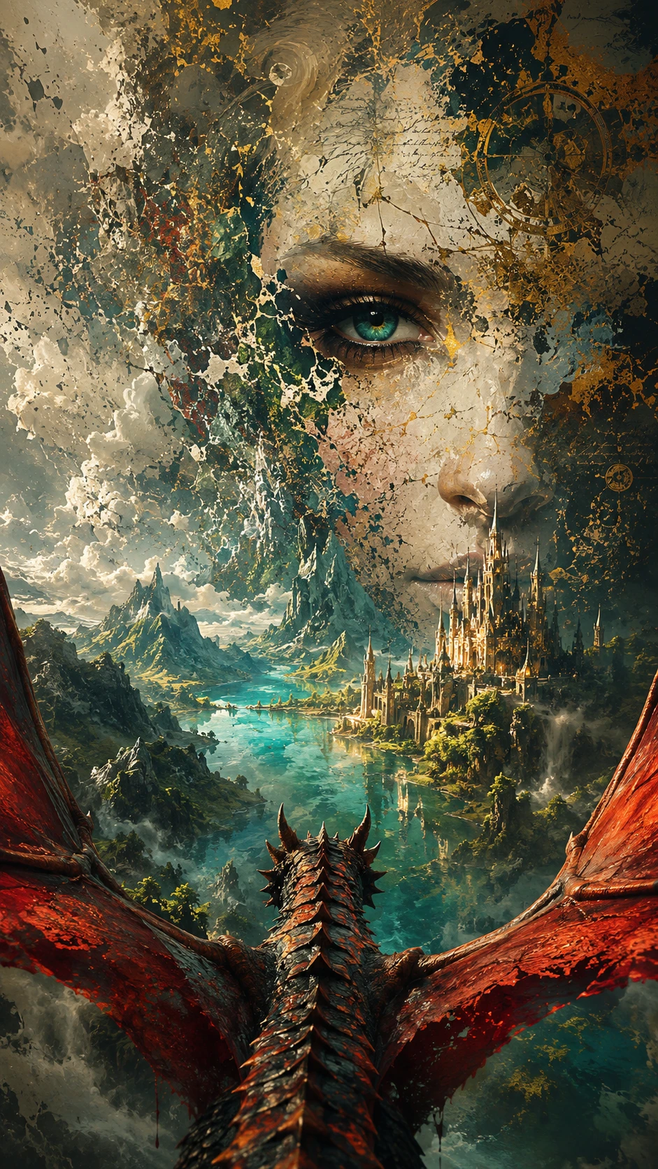 Vol de dragon en vue à la première personne au-dessus d’un paysage fantasy surréaliste