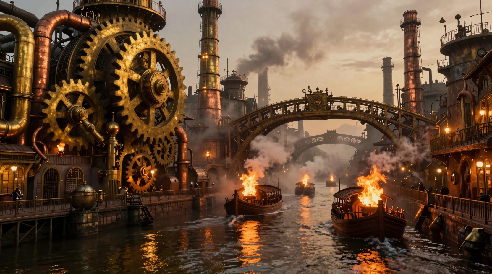 Ville steampunk de canaux brillant au crépuscule avec engrenages et fumée