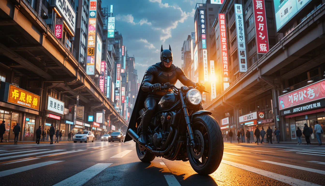 Motoqueiro cyberpunk em motocicleta na dramática hora dourada