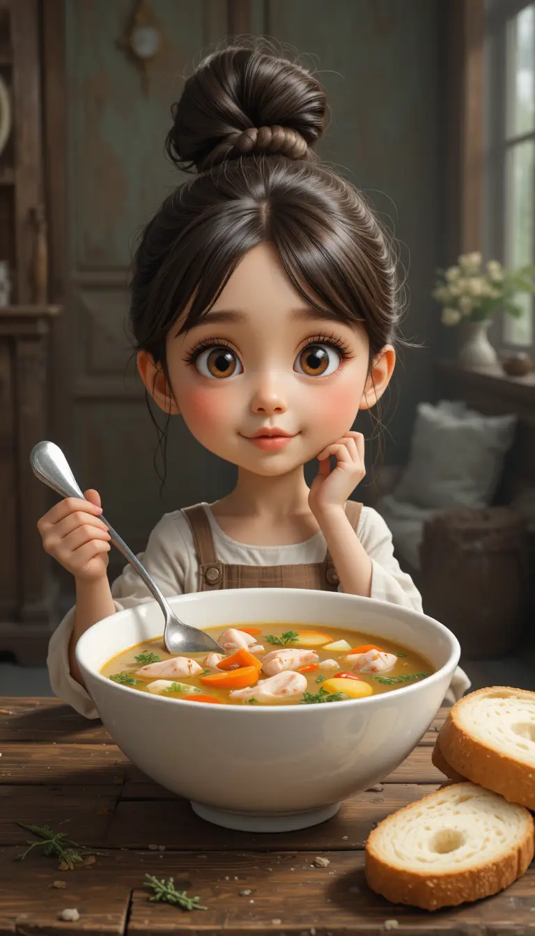 Kleines Mädchen mit Hühnersuppe in einem verspielten Porträt aus der Nähe