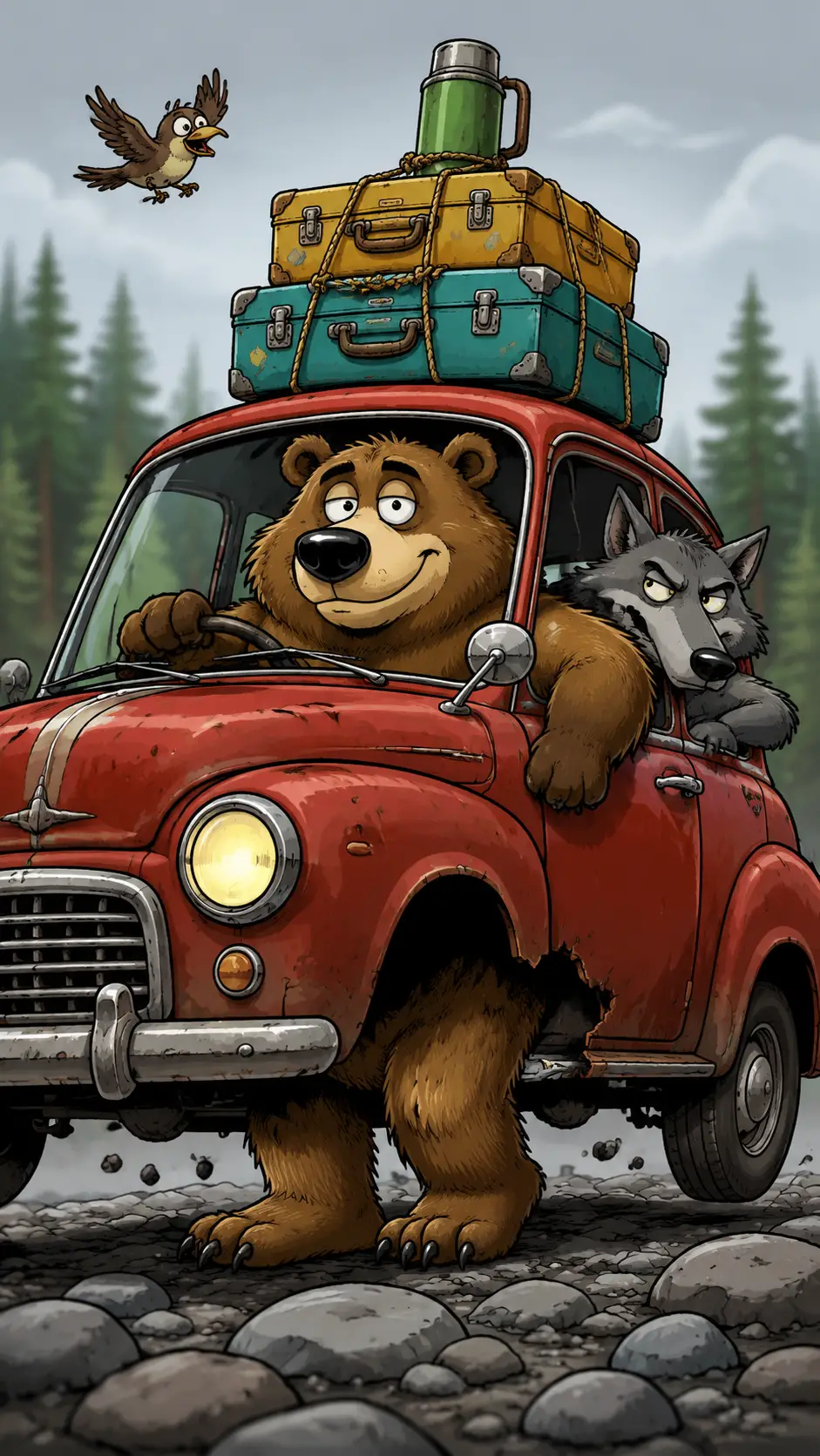 Orso cartoon che guida un'auto retrò rossa attraverso la foresta