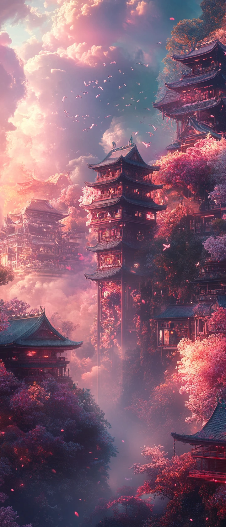 Paisaje onírico surrealista y colorido con escena abstracta dinámica