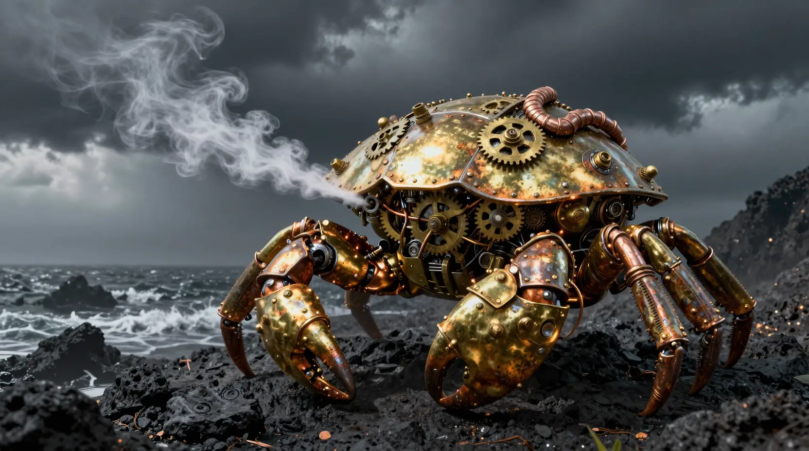 Steampunk mechanical crab on volcanic coastal rocks
