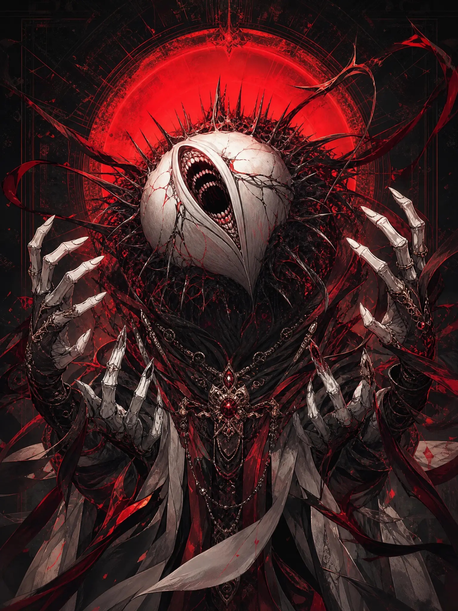 Eldritch humanoid with cracked shell head and eclipse