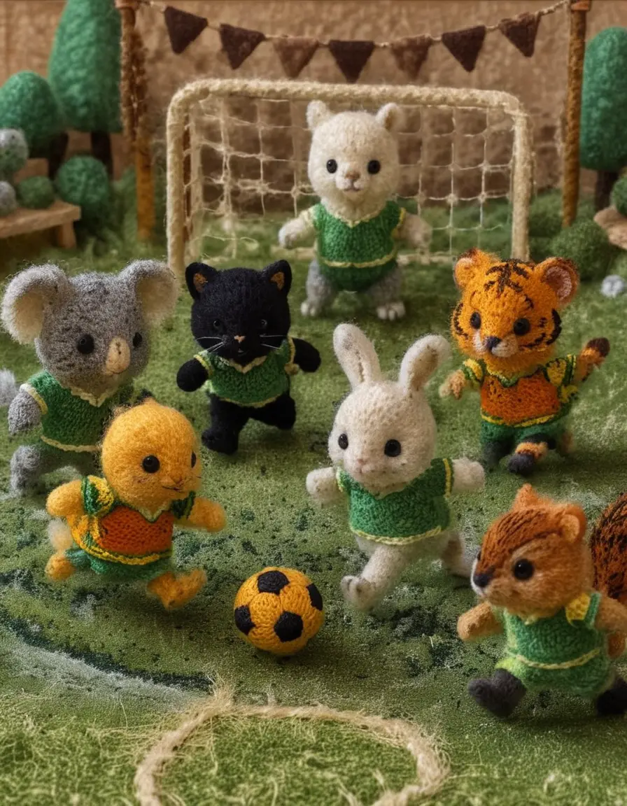Cuccioli di animali di lana che giocano a calcio in un campetto