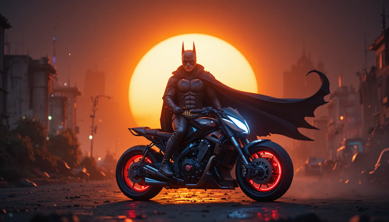 Motoqueiro cyberpunk em motocicleta futurista na hora dourada