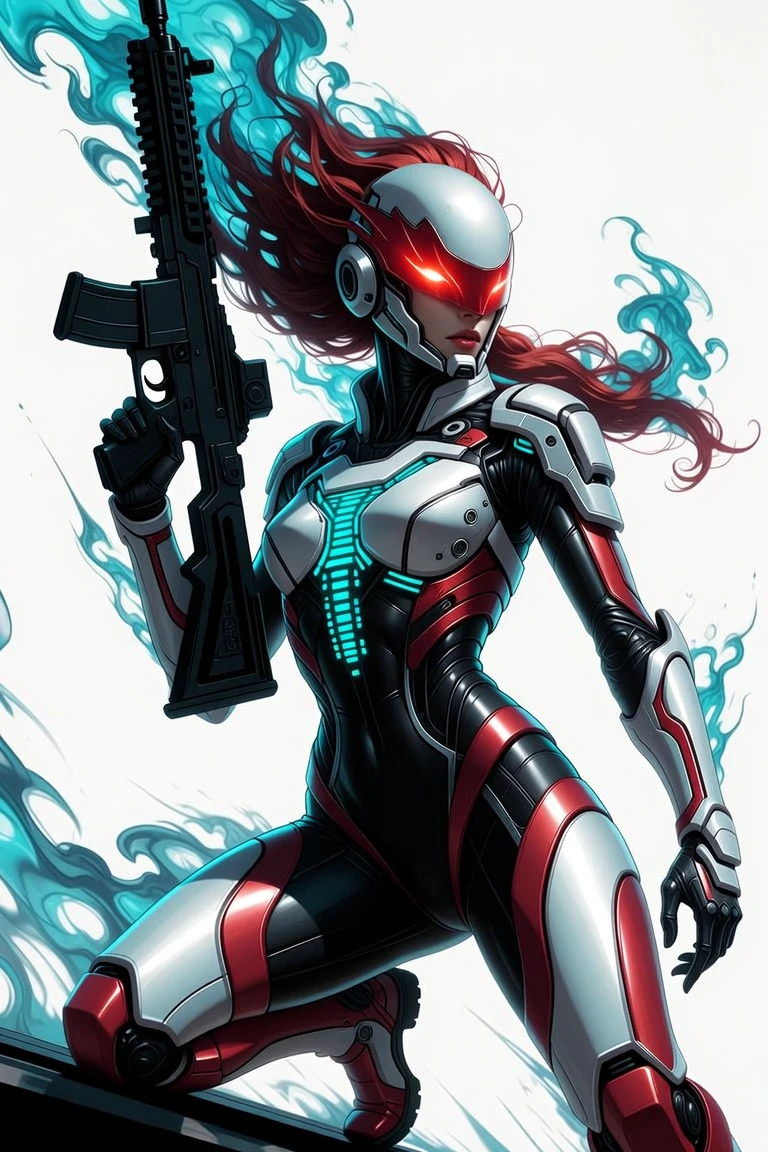 Guerreira futurista mirando rifle em posição ajoelhada