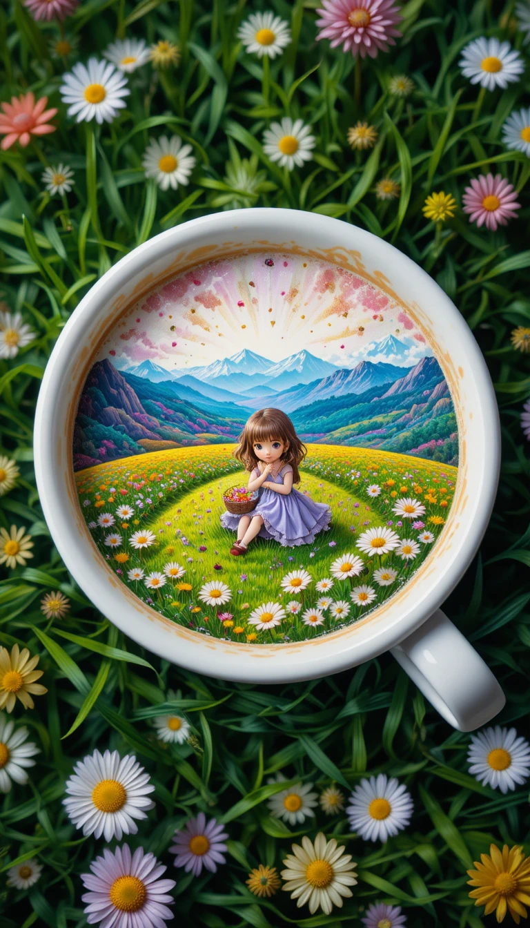Tasse de café avec mousse artistique sur herbe de pré verte