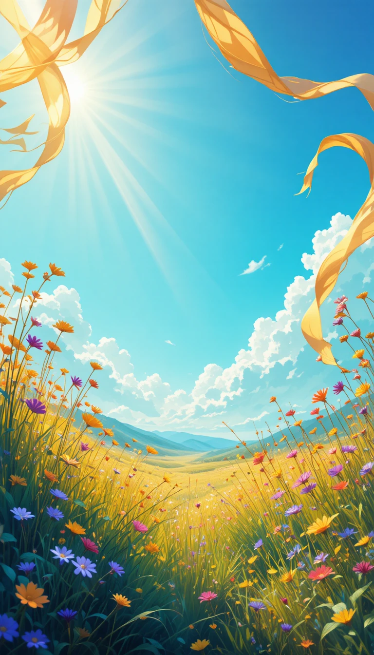 Prado ao sol com fitas esvoaçantes em estilo digital suave