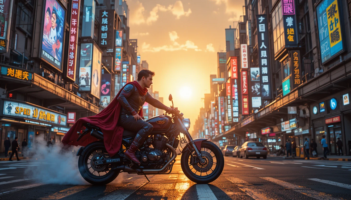 Motoqueiro cyberpunk em moto futurista em rua neon da cidade