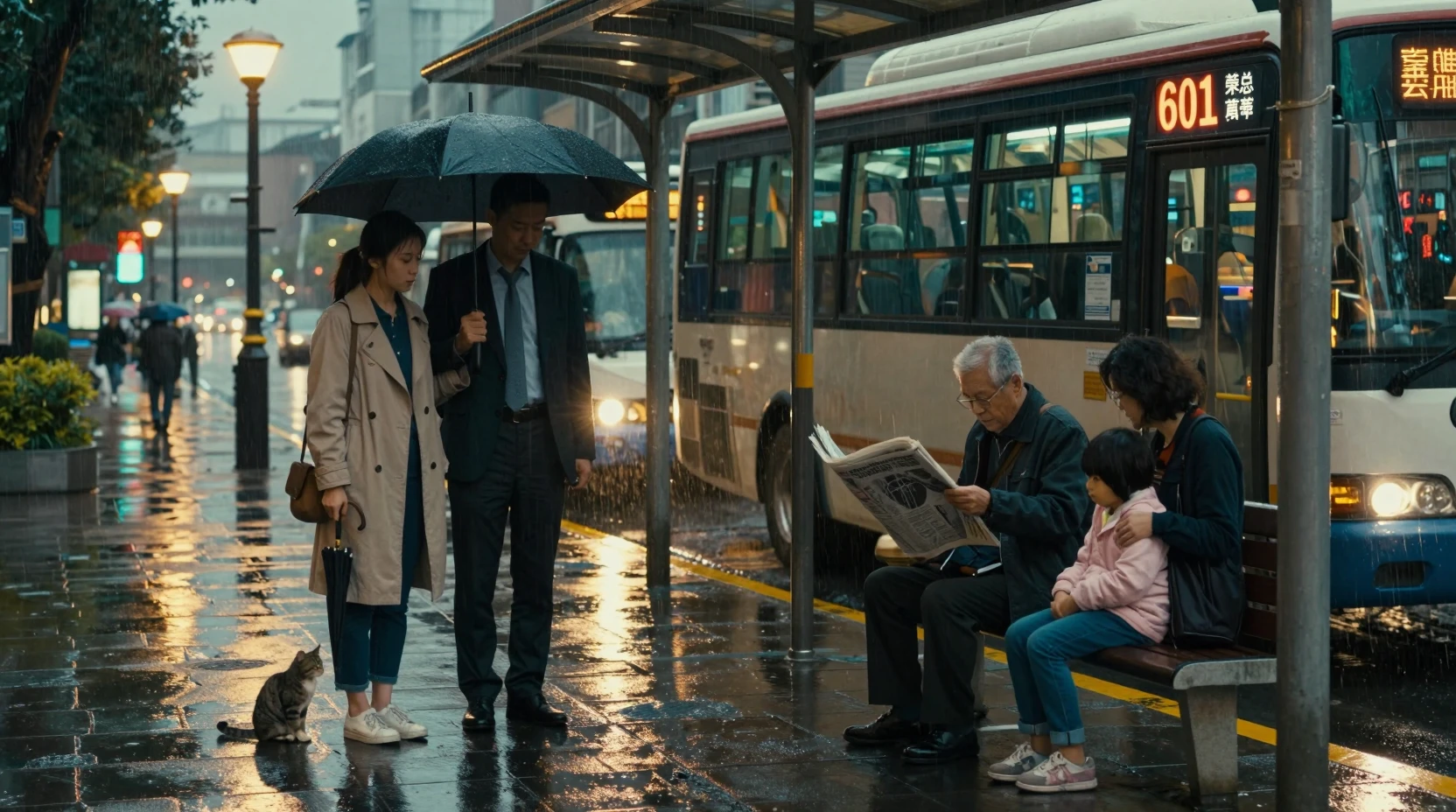 Mulher esperando em ponto de ônibus chuvoso em Taipei ao anoitecer