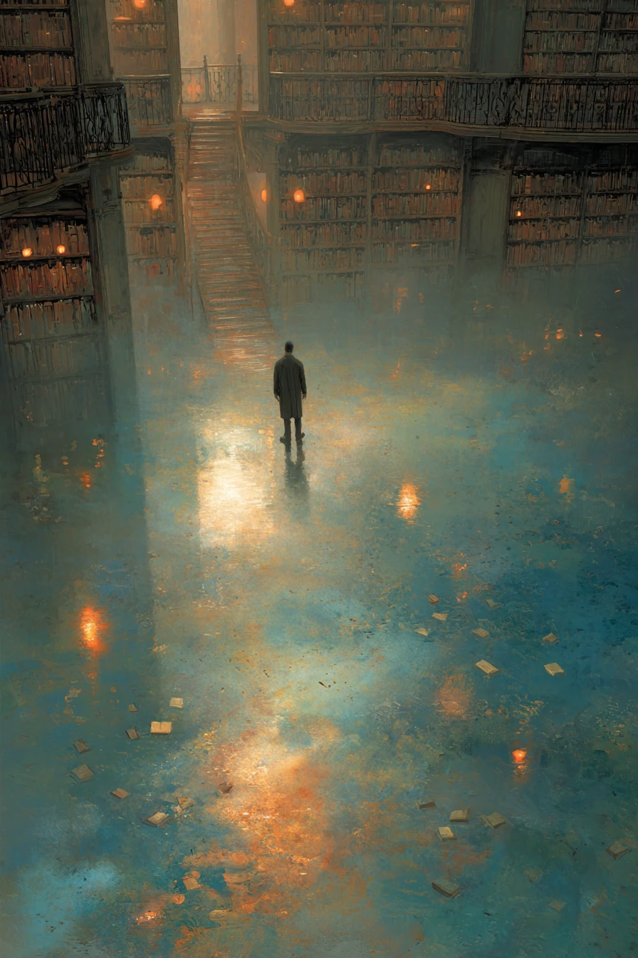 Litoral de fantasia surreal com biblioteca submersa ao luar