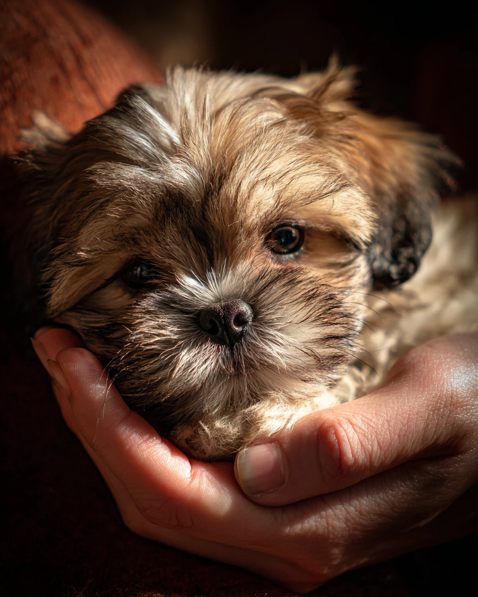 Filhote fofo de shih tzu descansando na mão delicada de uma mulher