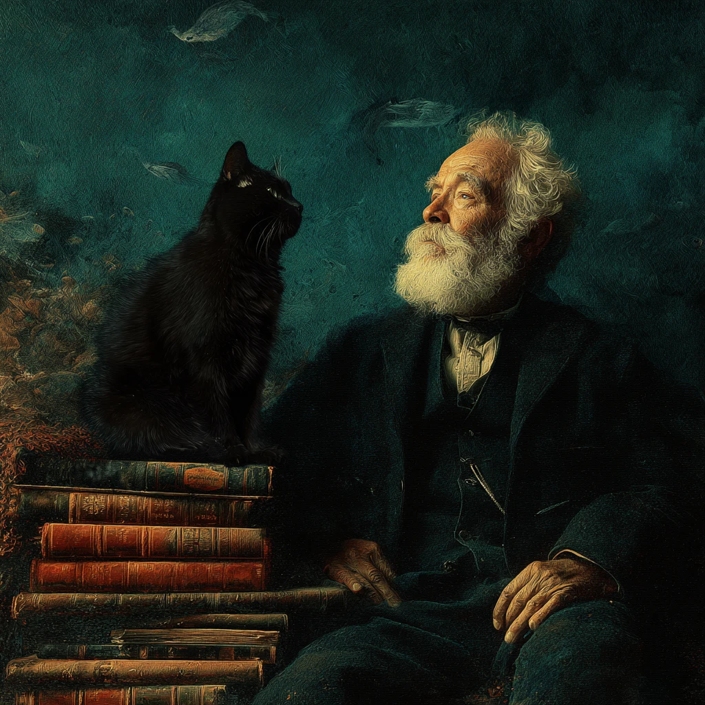 Viejo profesor y gato negro en una biblioteca surrealista inundada