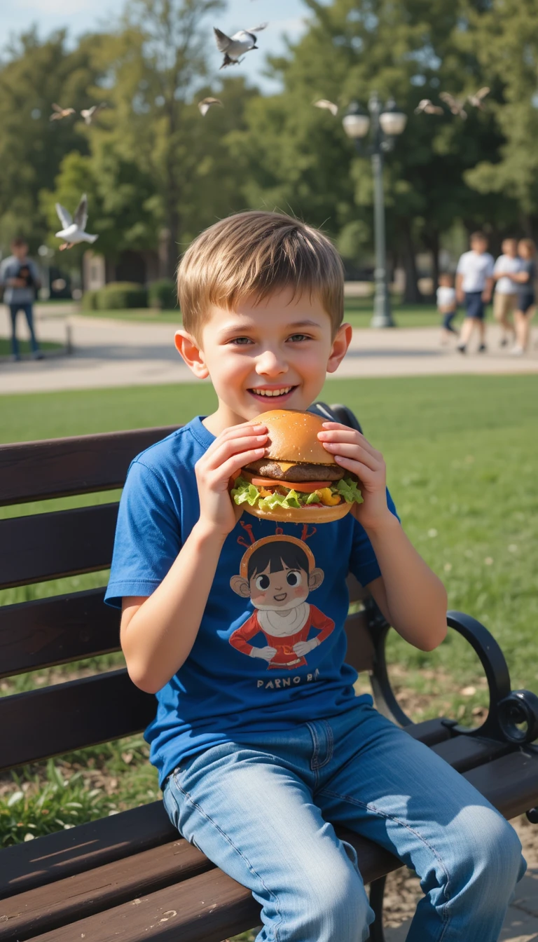 Menino sorridente comendo cheeseburger em um banco de parque ensolarado