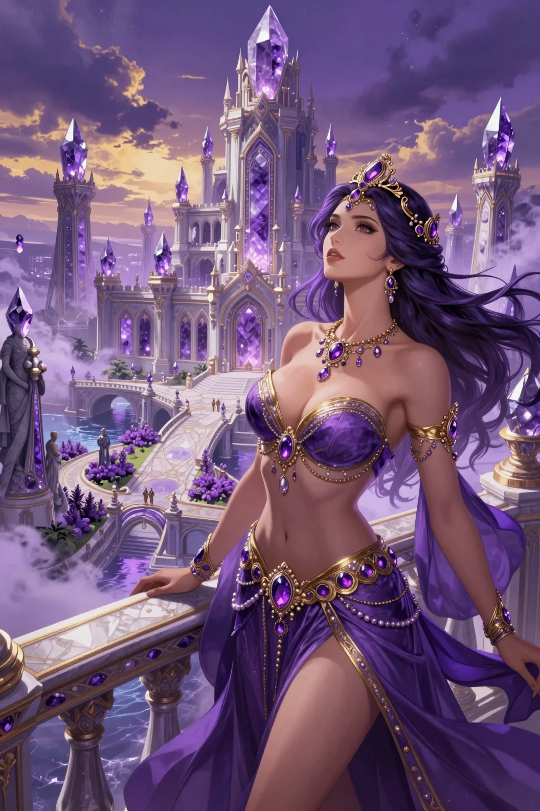 Rainha fantástica régia observando uma vasta cidade de ametista