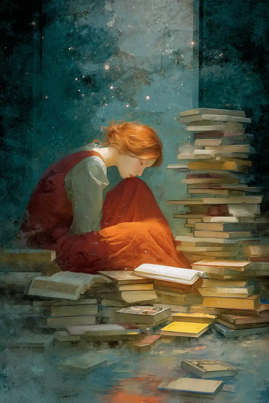 Surreal drowned library on a moonlit fantasy shoreline