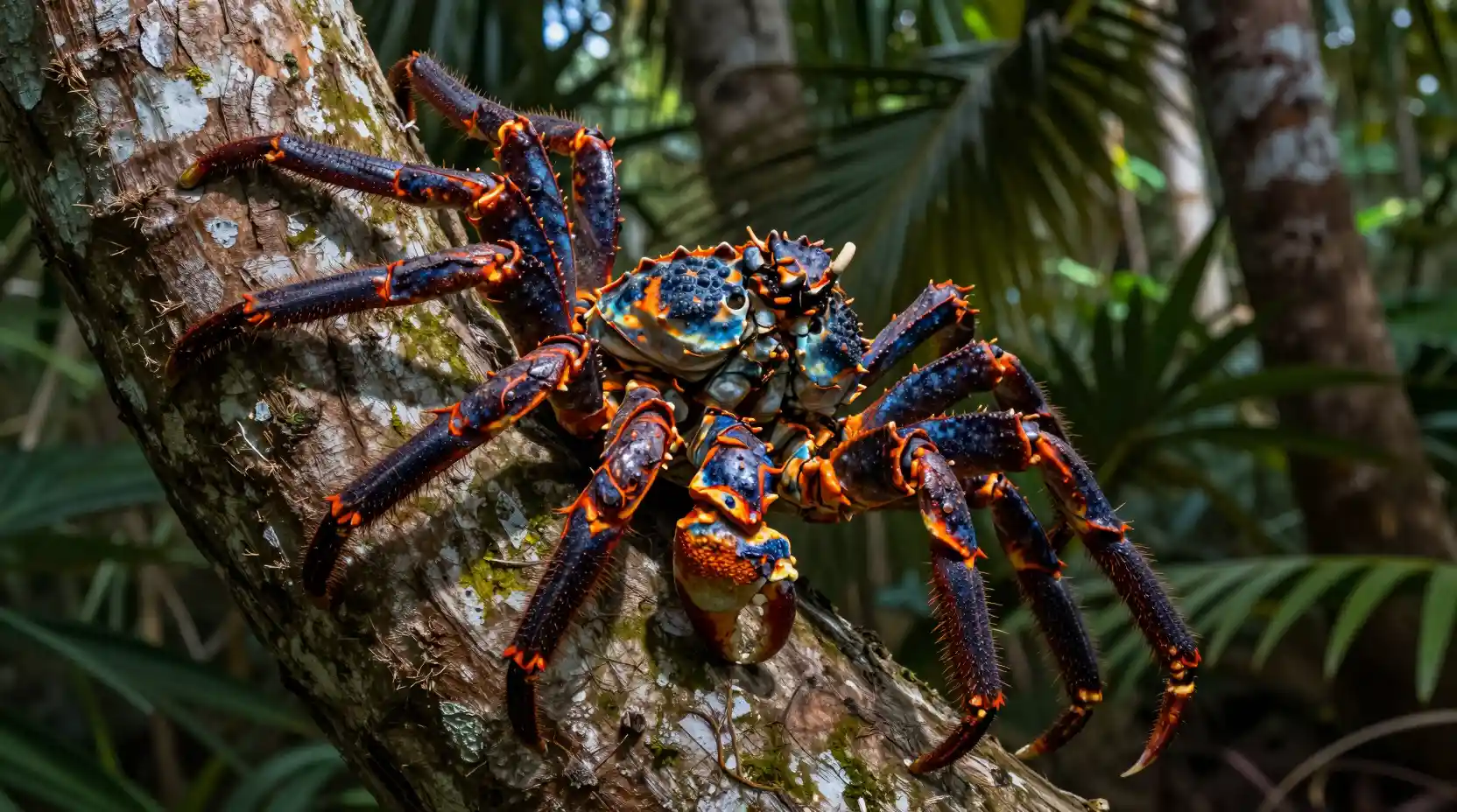Giant coconut crab climbing a palm tree in jungle