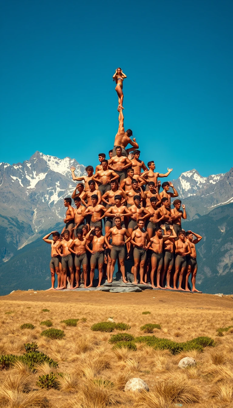 Piramide umana di acrobati nudi in una soleggiata valle di montagna