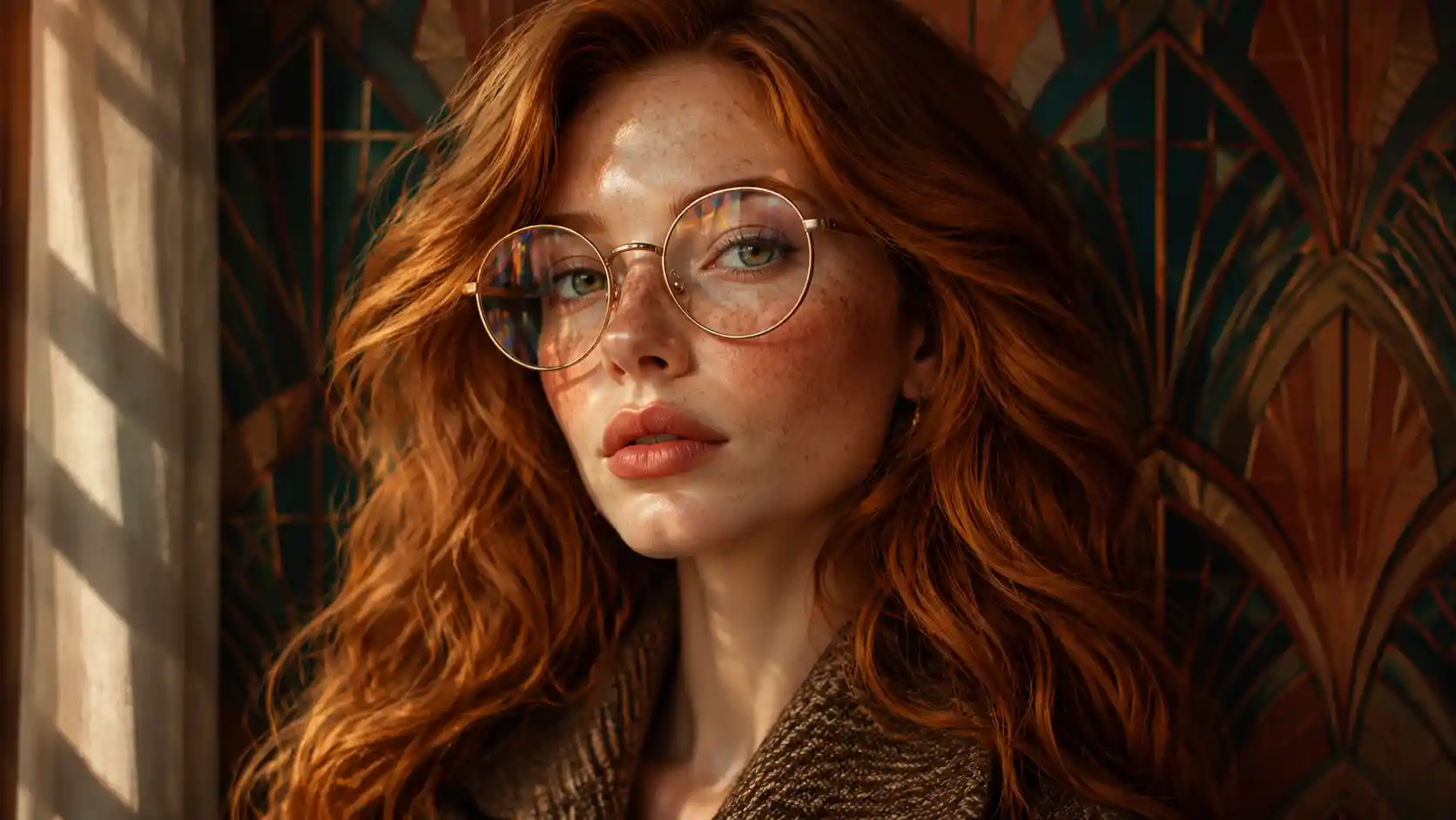 Ritratto di donna dai capelli rossi con sfondo art déco