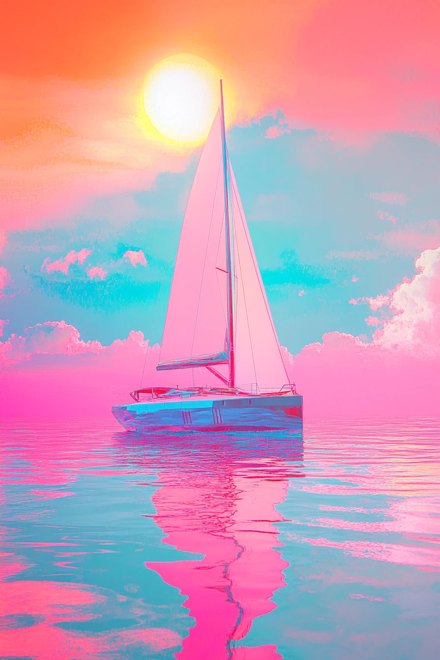 Dreamlike futuristic nautical landscape in vibrant pastel colors