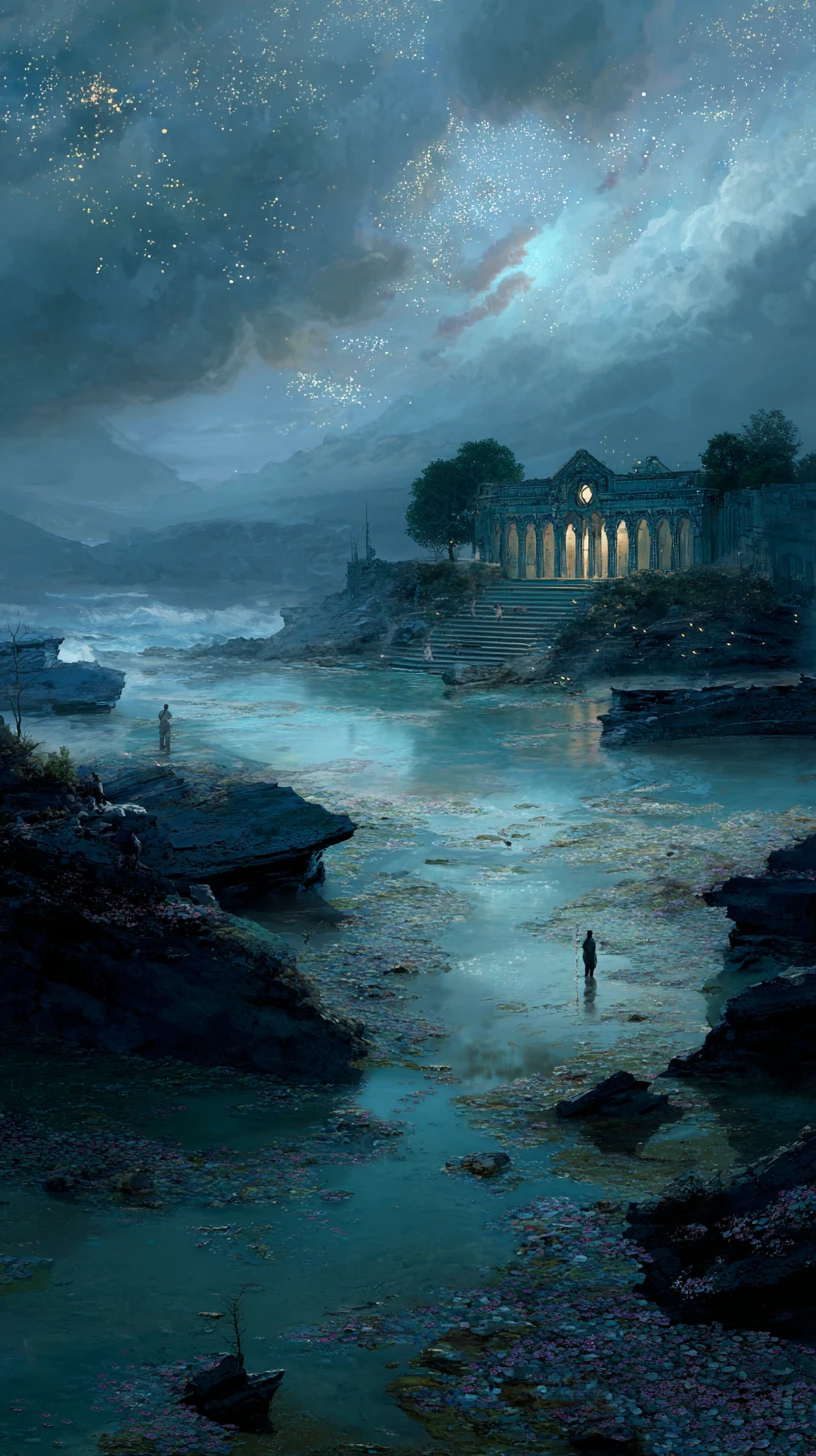 Rivage silencieux près d’une bibliothèque de fantasy noyée, de nuit