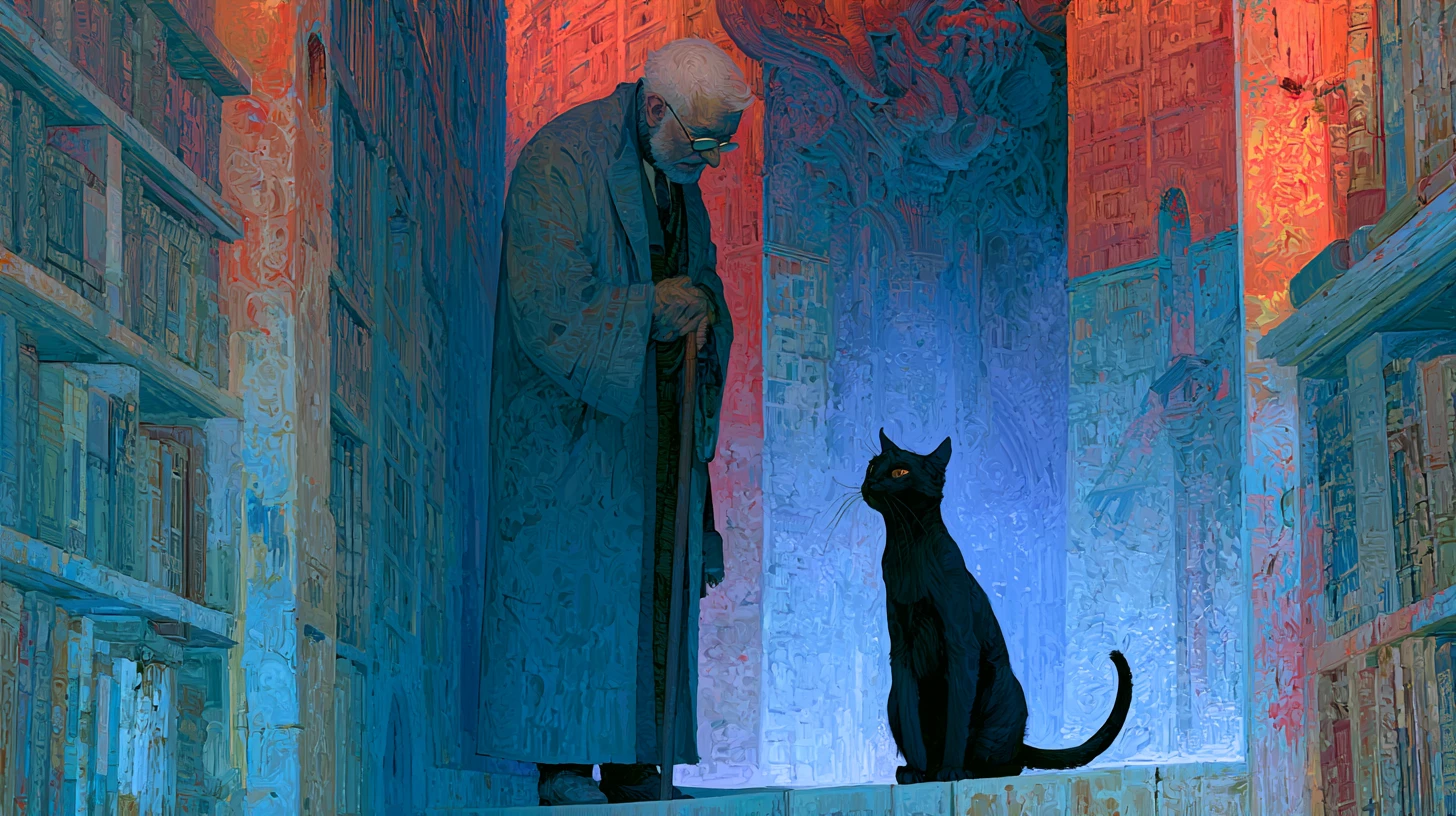 Velho professor e gato preto alto em uma biblioteca inundada