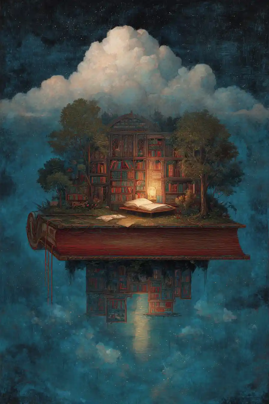 Surrealer Strand mit der versunkenen Bibliothek unter einem stillen Mond
