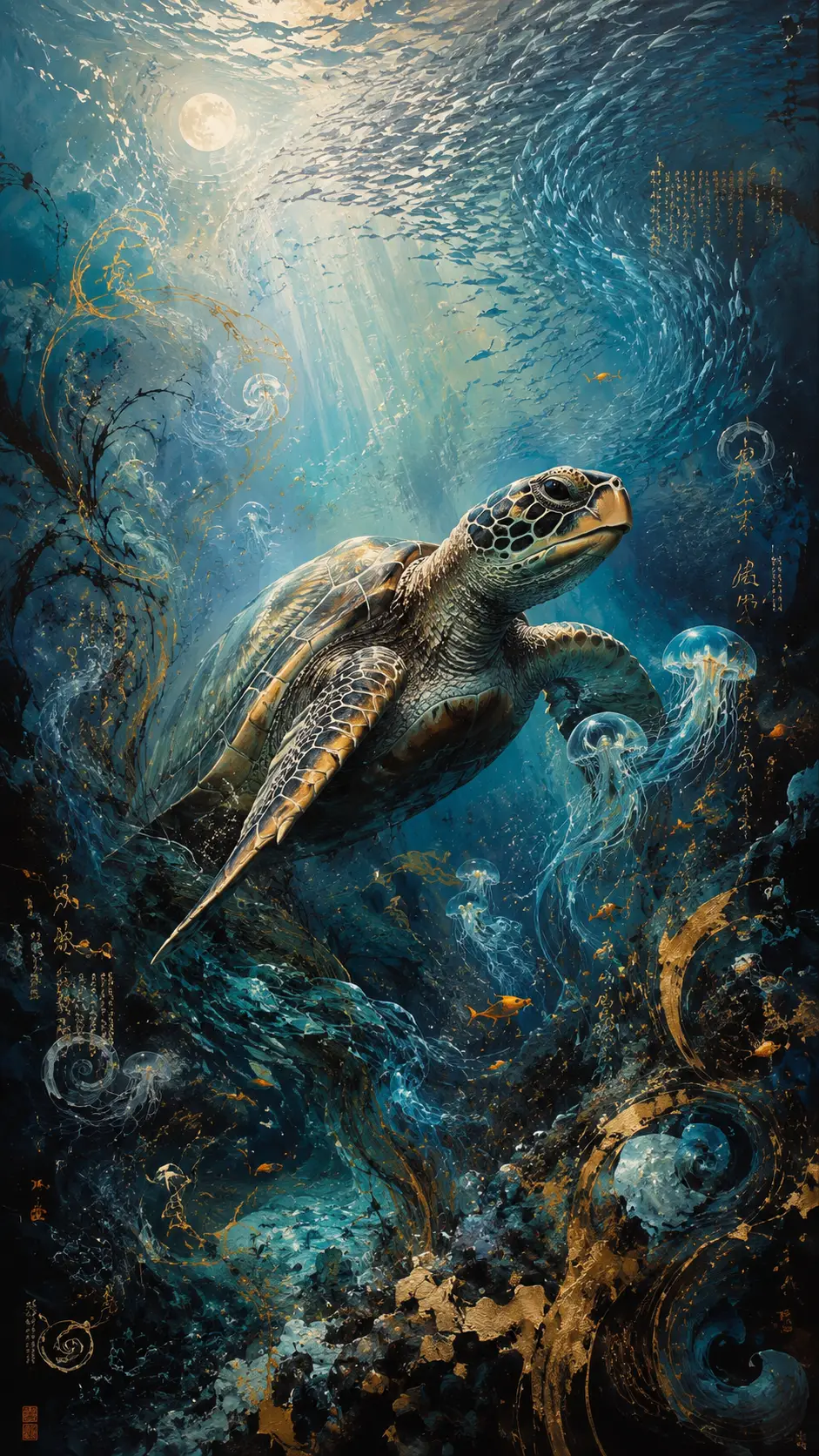 月光下的魚群與海草在如音樂般的洋流中律動